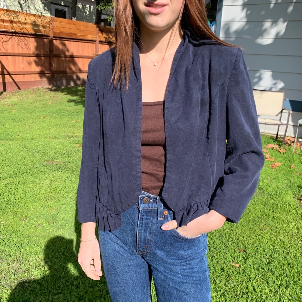 Anthropologie Cartonnier Blue Crop Ruffle Blazer